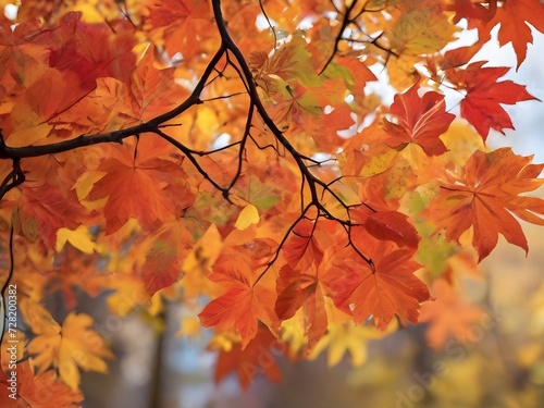 Leafy tree branch in vibrant autumn colors. AI Generated