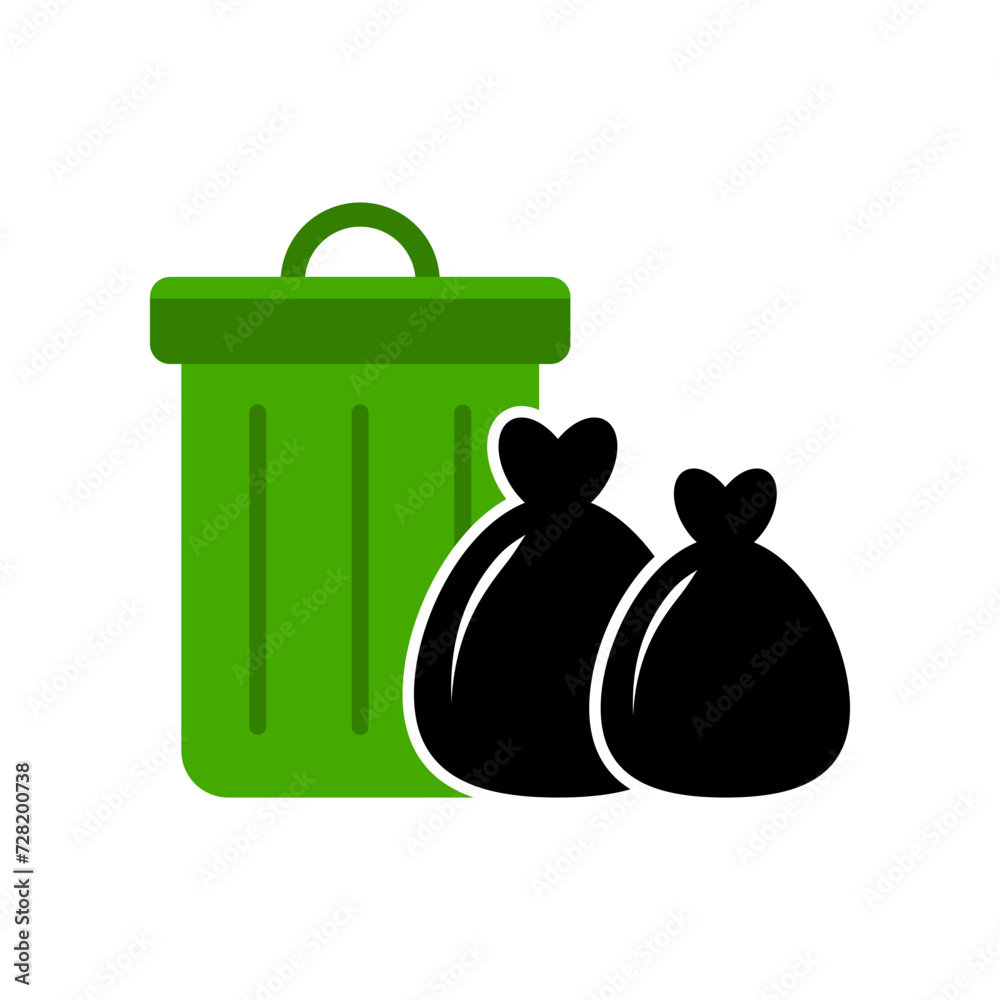 Fotografie Green rubbish bin trashcan with black garbage bag icon flat vector design