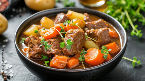 A hearty and nourishing bowl of beef stew piled high with chunks of tender beef and hearty vegetables like carrots pars and potatoes. The aroma of savory herbs and es fills