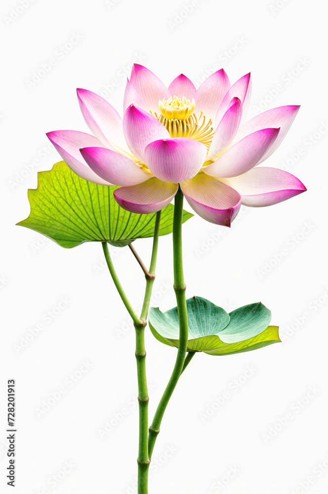 A pink lotus flower with green leaves isolated on white background. ai generative A pink lotus flower with green leaves isolated on white background. ai generative