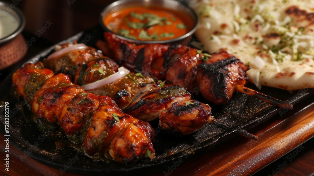 Fragrant es sizzling meats and the smoky essence of the tandoor combine to create a mouthwatering tandoori platter featuring chicken tikka seekh kebabs and garlic naan.