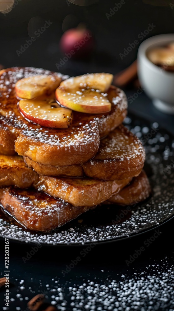 Apple Cinnamon French Toast, Black Surface Table, minimalistic decor Apple Cinnamon French Toast, Black Surface Table, minimalistic decor