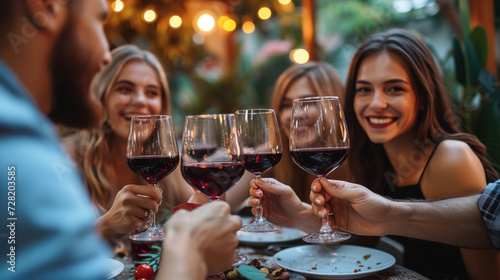 Friends Toasting Wine Glasses at Dinner Party.