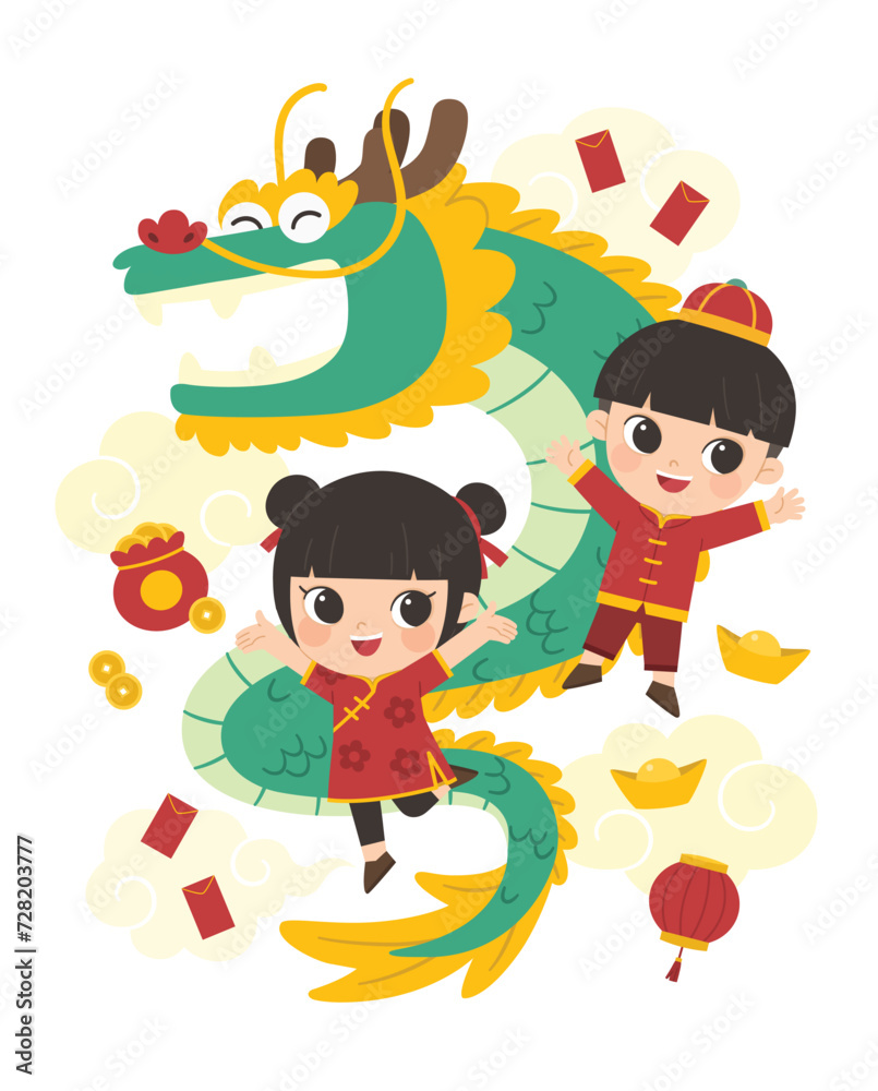 Naklejka premium Happy Chinese New Year collection. Chinese boy and girl with Chinese Dragon standing pose for branding cover, card, poster, banner.