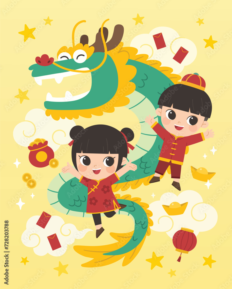 Happy Chinese New Year collection. Chinese boy and girl with Chinese ...
