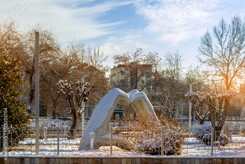 The heart-shaped hands sculpture in Eco Park Tashkent, Uzbekistan. 