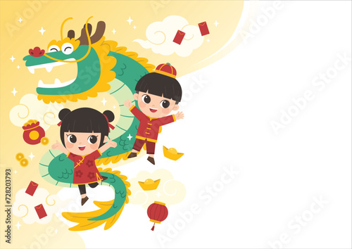Happy Chinese New Year collection. Chinese boy and girl with Chinese Dragon standing pose for branding cover, card, poster, banner.