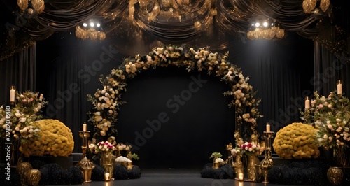 3d render of stage background for product presentation with gold luxury podium.