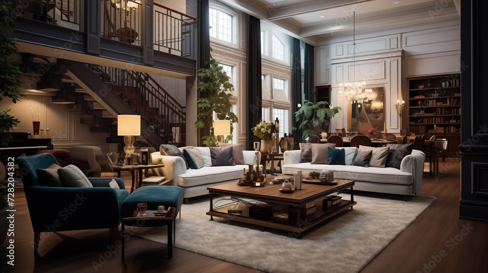 interior design of living room with white and blue long sofas and table, transitional home architecture design, sophisticated living room full of furniture interior design of living room with white and blue long sofas and table, transitional home architecture design, sophisticated living room full of furniture