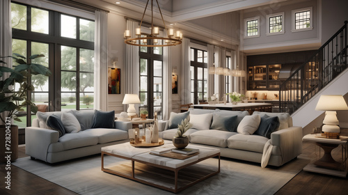 interior design of living room with white and blue long sofas and table, transitional home architecture design, sophisticated living room full of furniture  