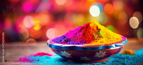 colorful powder in vessel on the table happy Holi festival of colors art concept