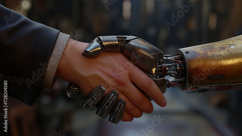 photograph of human hand shaking hand of a robot  Ai
