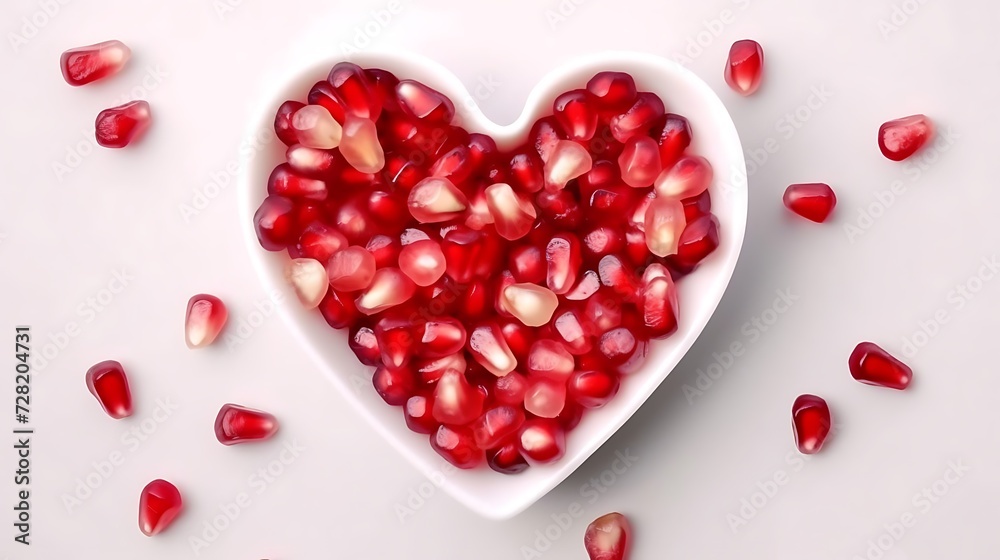 Red pomegranate seeds arranged in a white heart-shaped ceramic bowl and a few pomegrante seeds are adorned around the bowl. Isolated on white background. Red pomegranate seeds arranged in a white heart-shaped ceramic bowl and a few pomegrante seeds are adorned around the bowl. Isolated on white background.