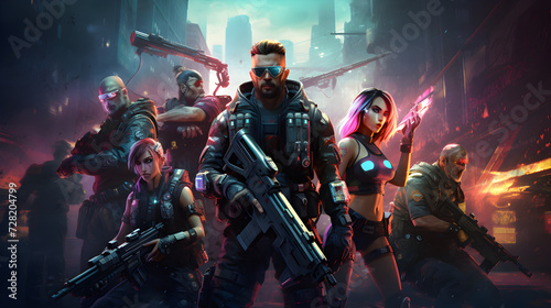 Cyberpunk team of heroes fighting invasion photo