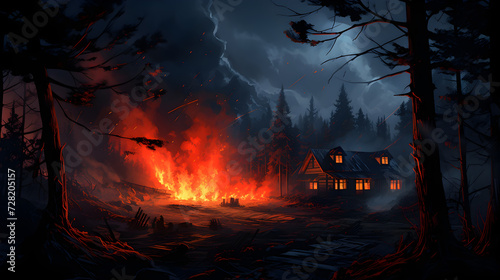Dark forest burning house illustration background
