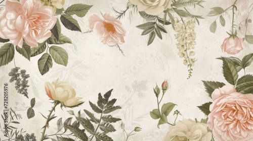 Wallpaper Mural Vintage pattern botanical variety flowers such as roses, peonies, daisies, and ferns aged paper hand-drawn classic botanical drawings, elegant design suitable for fabric, wallpaper, and stationery Torontodigital.ca