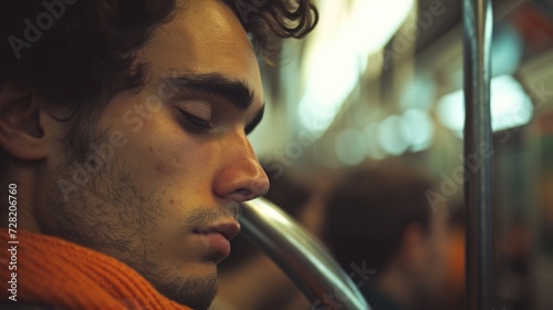 A young man lost in thought on a busy subway train appearing disconnected from the crowded and chaotic environment.