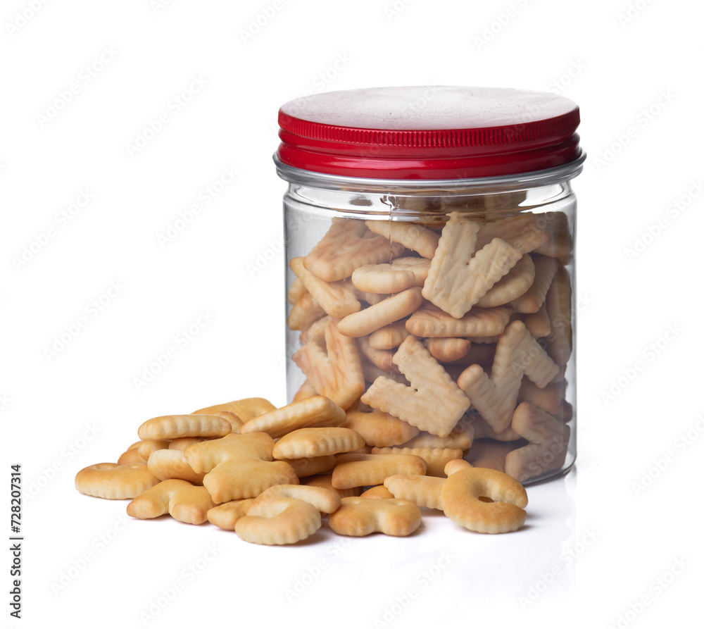 Alphabet biscuit bread in the jar isolated on white background Alphabet biscuit bread in the jar isolated on white background