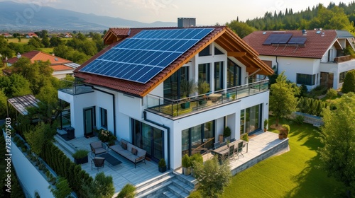 Aerial view modern house with solar panel, green house concept