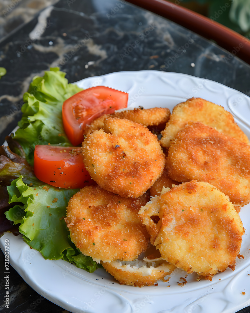 Cheesy creamy fried cheese served with sauce on the white plate. Food concept artwork, Cheesy creamy fried cheese served with sauce on the white plate. Food concept artwork,