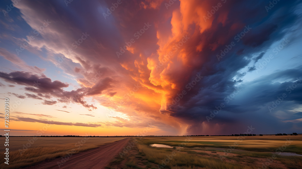 Dramatic sky with clouds at sunset. Wide photo