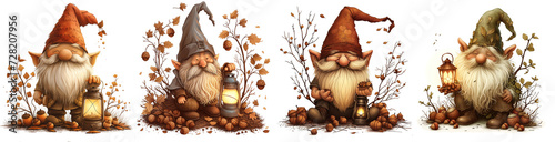 a gnome with a bushy beard, holding a lantern, surrounded by acorns and twigs photo