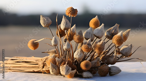 Dry dried flower bud heads Tussilago farfara coltsfoot photo