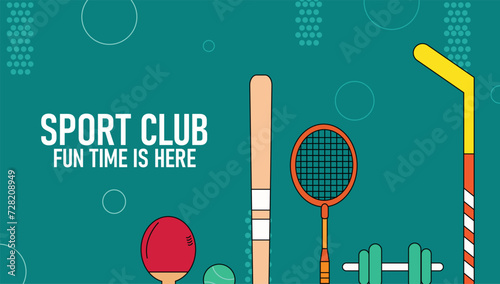 banner with sports day concept. sports illustration with baseball ball and field on green background.