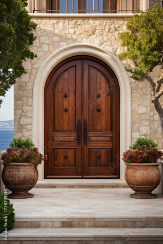 Mediterranean villa with wooden door and plants
