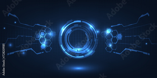 Vector illustration of futuristic digital technology background with circle tech head up display,grid field and circuits network panel for advertising and game graphic 