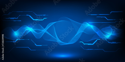 Abstract blue futuristic digital hi tech technology background with wave wireframe movement and digital circuit network for advertising and game artwork.