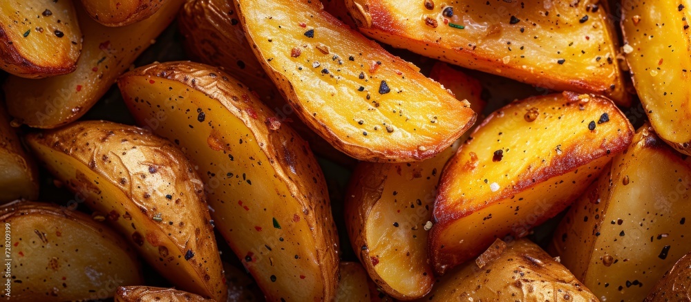 Appetizing Closeup of Golden Potato Wedges - A Tempting Treat for Foodies Appetizing Closeup of Golden Potato Wedges - A Tempting Treat for Foodies