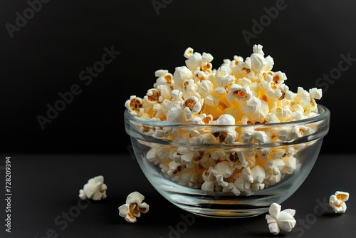 Glass bowl with popcorn on black background.