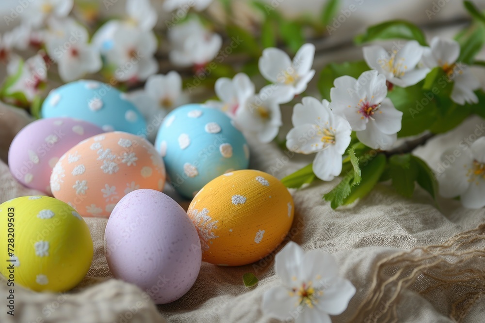 Colorful eggs and spring flowers on rustic table