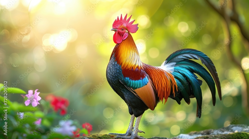 Beautiful rooster on nature background.