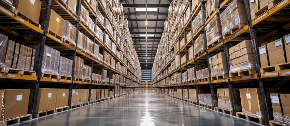 Obraz premium Efficient Logistics Management: Shelf Rack Filled with Full Cartons in a Warehouse
