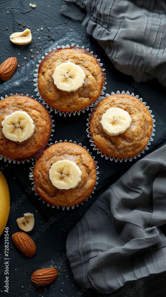 Banana Nut Muffins, Black Surface Table, minimalistic decor Banana Nut Muffins, Black Surface Table, minimalistic decor