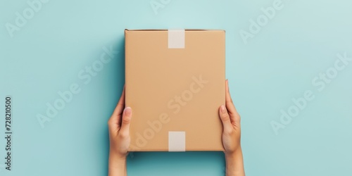 Top view to female hand holding brown cardboard box on light blue background. Mockup parcel box. Packaging, shopping, delivery concept © StockWorld