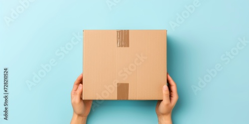 Top view to female hand holding brown cardboard box on light blue background. Mockup parcel box. Packaging, shopping, delivery concept © StockWorld
