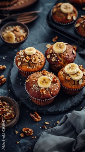 Banana Nut Muffins, Black Surface Table, minimalistic decor 