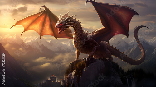 Fantasy illustration with a dragon in the mountains © Emma