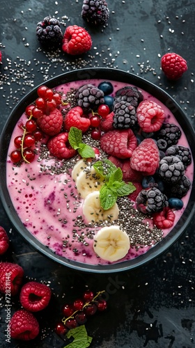 Chia Seed and Berry Smoothie Bowl, Black Surface Table, minimalistic decor 