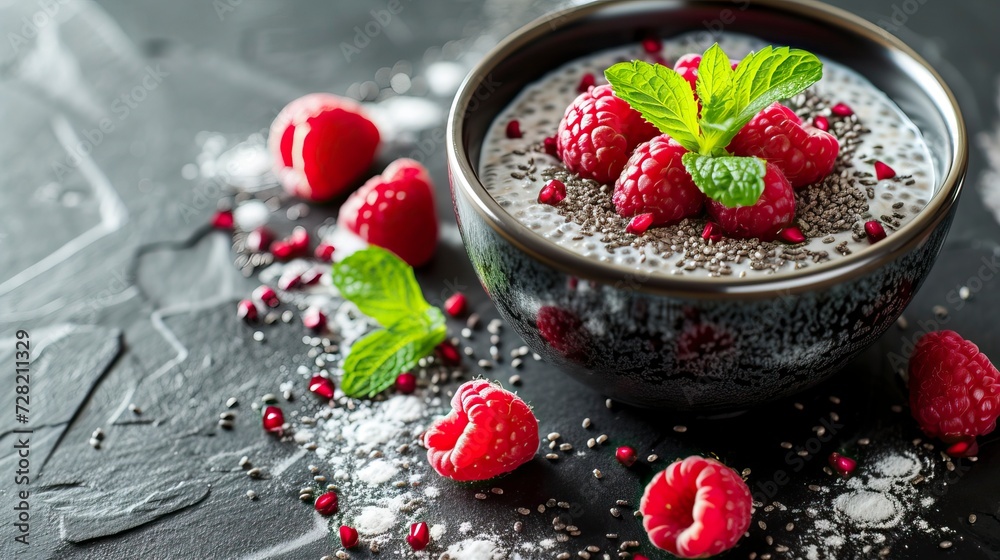 Chia Seed Pudding, Black Surface Table, minimalistic decor Chia Seed Pudding, Black Surface Table, minimalistic decor