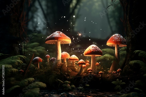 beautiful closeup of forest mushrooms in grass, autumn season. little fresh mushrooms, growing in Autumn Forest. mushrooms and leafs in forest. Mushroom picking concept. Magical 