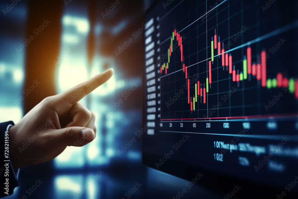 The merchant pointed to the candlestick chart on the stock screen The merchant pointed to the candlestick chart on the stock screen