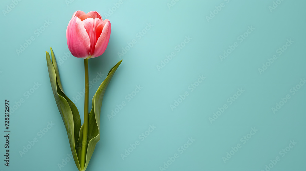 a Pink gradient Tulips on soft pastel turquoise background, Copy space, mockup, Top view. flat lay style. a Pink gradient Tulips on soft pastel turquoise background, Copy space, mockup, Top view. flat lay style.