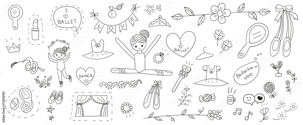 Hand drawn line doodles vector design elements set of ballerina girl, ballet dress, pointe shoes, crown, hand mirror, diamond ring, makeup powder, stage. Ballet elements concept illustration.