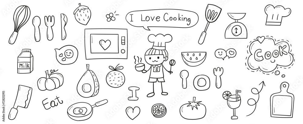 Hand drawn line doodles vector design elements set of cook text, cutting board, egg beater, knife, ladle, microwave, milk box, omelet pan, pumpkin, spoon fork and dish, weight scale. Cooking elements Hand drawn line doodles vector design elements set of cook text, cutting board, egg beater, knife, ladle, microwave, milk box, omelet pan, pumpkin, spoon fork and dish, weight scale. Cooking elements