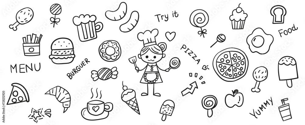 Hand drawn line doodles vector design elements set of bread, cupcake, fried chicken, ice cream, lollipop candy, pizza, sausage, omelet. Food elements concept illustration.