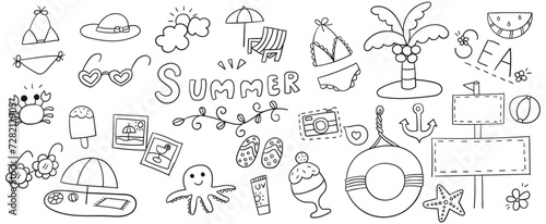 Hand drawn line doodles vector design elements set of anchor, ball, beach chair, hat, slippers, bikini, coconut tree, crab, sunglasses, sand beach. Summer elements concept illustration.